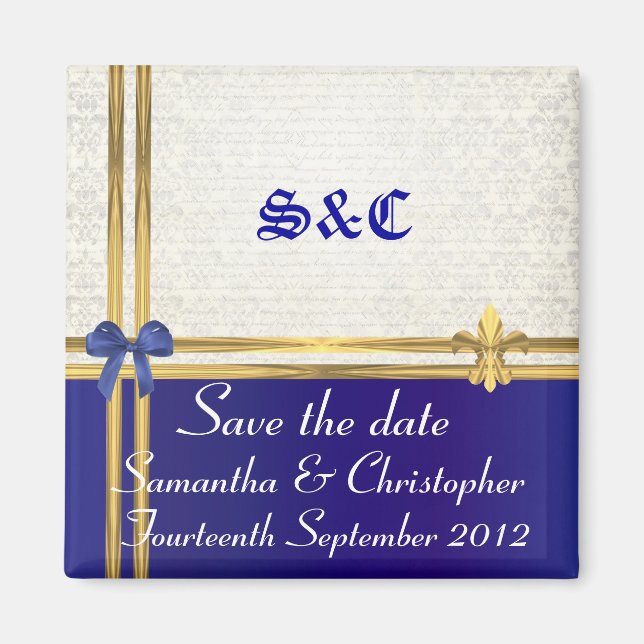 Dark blue & gold on damask save the date magnet (Front)