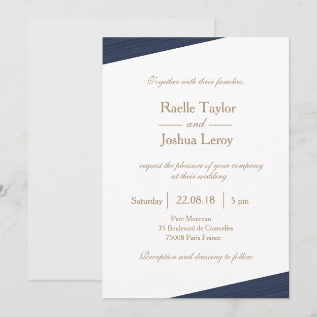 Dark blue gold white grey subtle stripes wedding invitation (Front/Back)