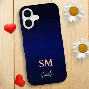 Dark Blue Gradient Colour Stripes with Monogram iPhone 16 Case