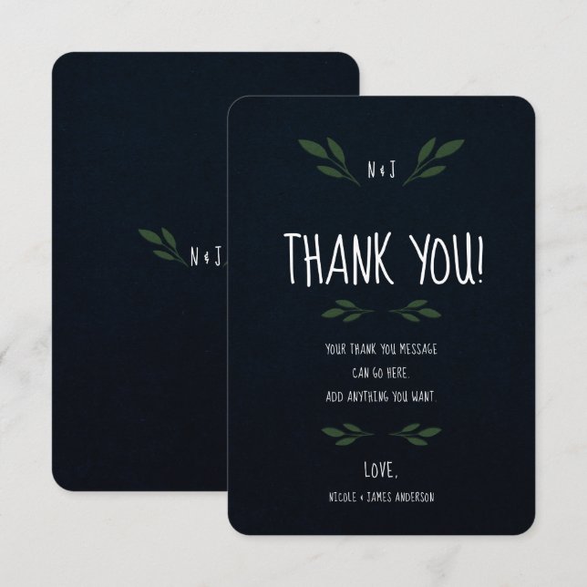 Dark Blue & Green Leaves Greenery Rustic Thank You Invitation (Front/Back)