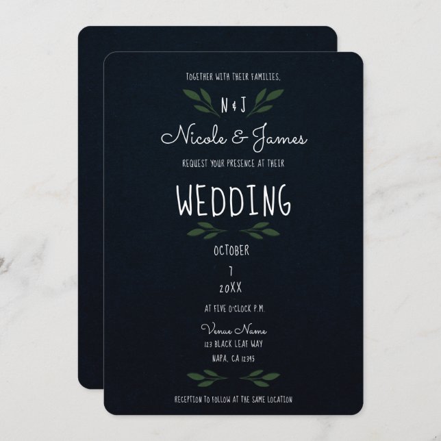 Dark Blue Green Leaves Modern Greenery Wedding Invitation (Front/Back)