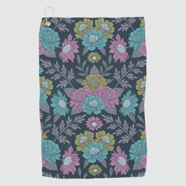 Dark Blue, Green & Purple Floral Golf Towel (Front)