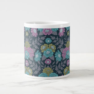 Dark Blue, Green & Purple Floral Large Coffee Mug