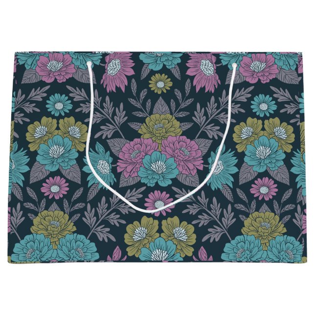 Dark Blue, Green & Purple Floral Large Gift Bag (Front)