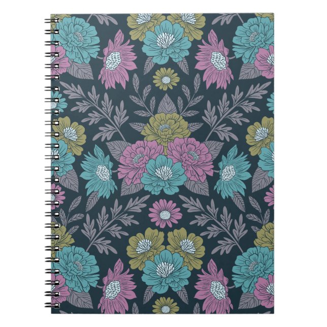 Dark Blue, Green & Purple Floral Notebook (Front)