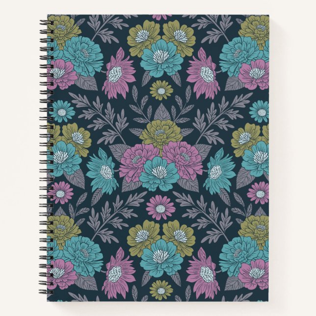 Dark Blue, Green & Purple Floral Notebook (Front)