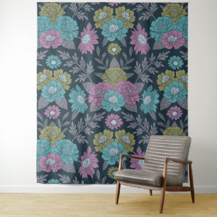 Dark Blue, Green & Purple Floral Tapestry