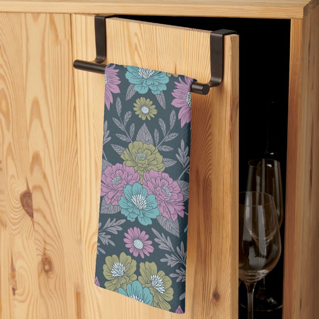 Dark Blue, Green & Purple Floral Tea Towel (Thirds Fold)