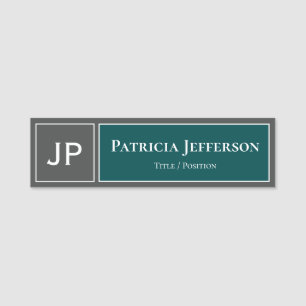 Dark Blue Green Teal Grey Monogram Name Tag