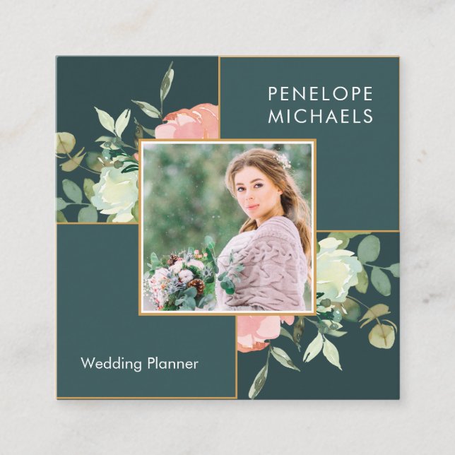 Dark Blue Green with Floral Bouquet Photo Square Business Card (Front)