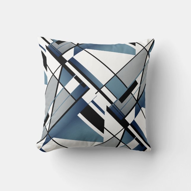 Dark Blue Grey Black White Abstract Angular Design Cushion (Front)