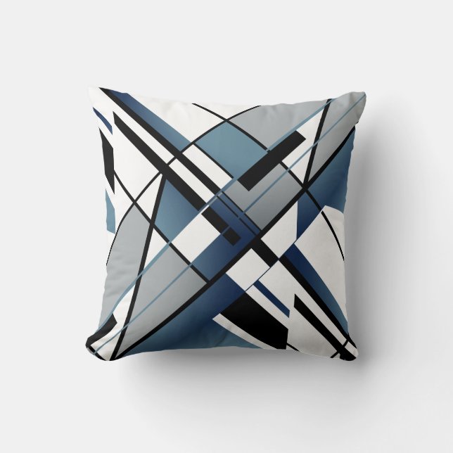 Dark Blue Grey Black White Diagonal Angular Design Cushion (Front)