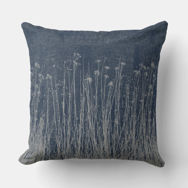 Dark Blue Grey Botanical Graphic Burlap Print Cushion (Front)