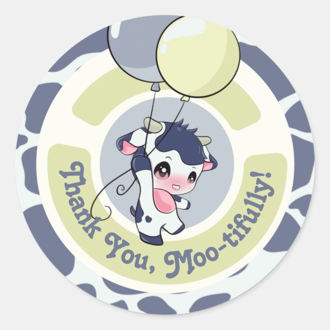 Dark Blue Grey Cow Pattern Thank you Round Sticker (Front)
