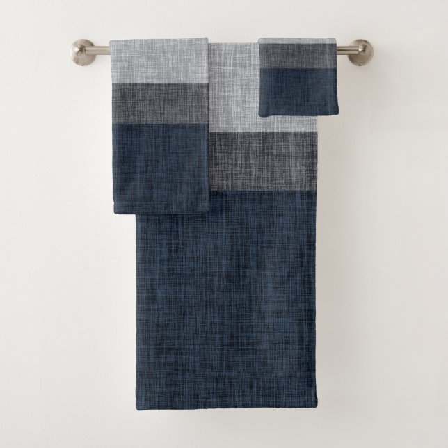 Dark Blue Grey Crosshatch Stripe Man Cave Bath Towel Set (Insitu)