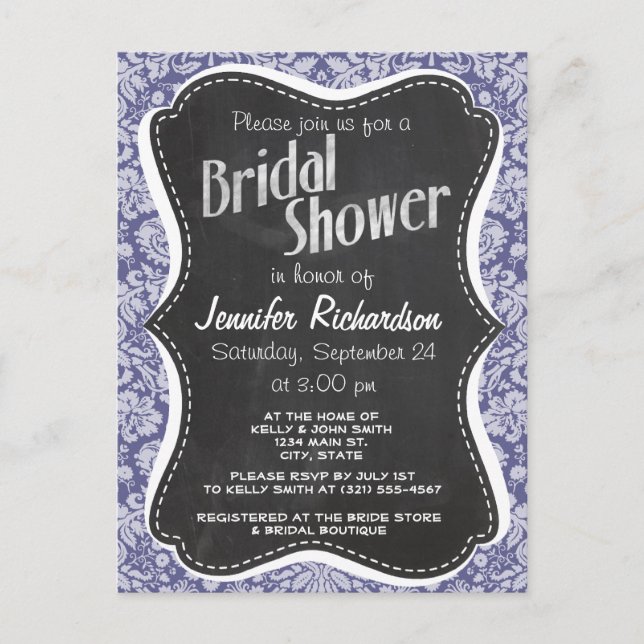 Dark Blue-Grey Damask; Vintage Chalkboard Invitation Postcard (Front)