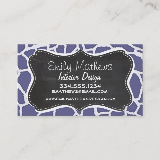 Dark Blue-Grey Giraffe Animal Print; Chalkboard Business Card (Front)