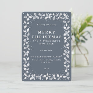 Dark Blue Grey Holly + Berry Border Flat Non Photo Holiday Card