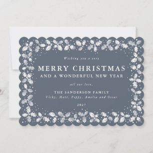 Dark Blue Grey Holly Leaves Border Flat Non Photo Holiday Card