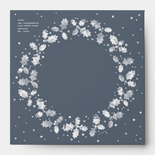 Dark Blue Grey Holly Wreath Return Address Square Envelope