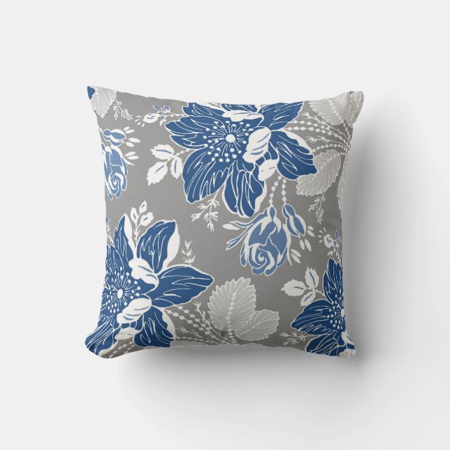 Dark Blue Grey White Floral Decorative Pillow (Front)