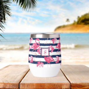 Dark Blue Grunge Stripes Pink Flamingo Monogrammed