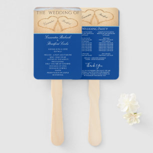 Dark Blue Heart Beach Wedding ceremony program Hand Fan