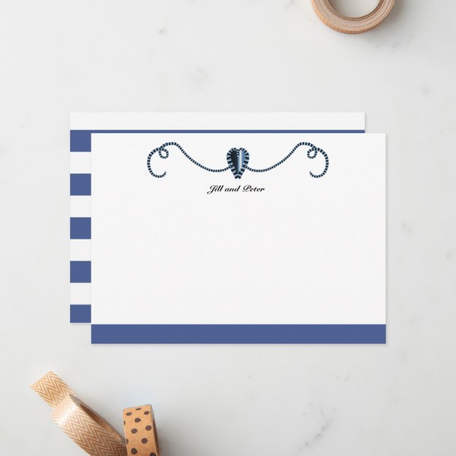 Dark Blue Heart Shapes and Classic Stripes Note Ca Card (Front/Back In Situ)
