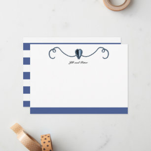 Dark Blue Heart Shapes and Classic Stripes Note Ca Card