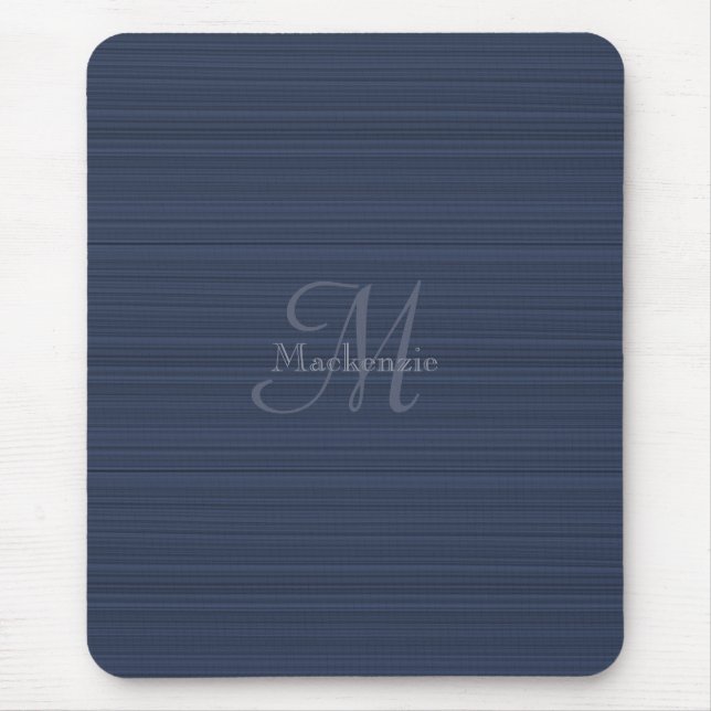 Dark Blue Horizontal Stripes Custom Monogram Name Mouse Pad (Front)