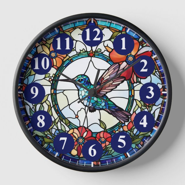 Dark Blue Hummingbird Stained Glass Bird Clock (Front)