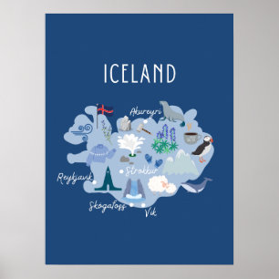 Dark blue Iceland travel map Poster