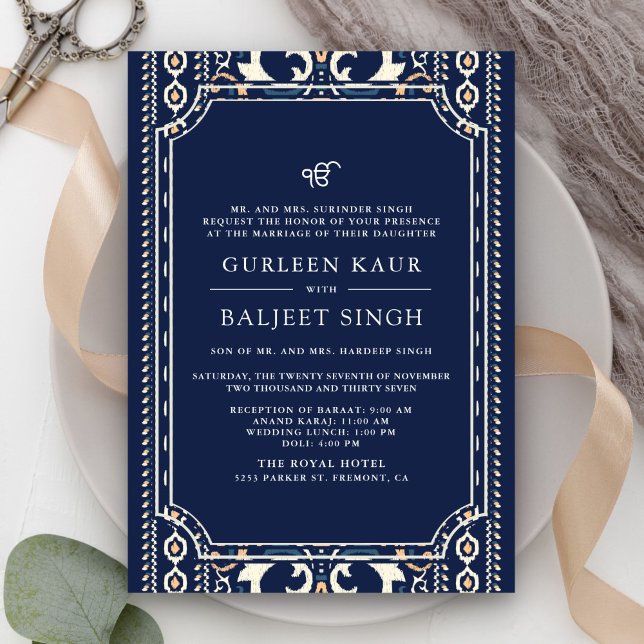 Dark Blue Ikat Anand Karaj Sikh Wedding Invitation (Creator Uploaded)