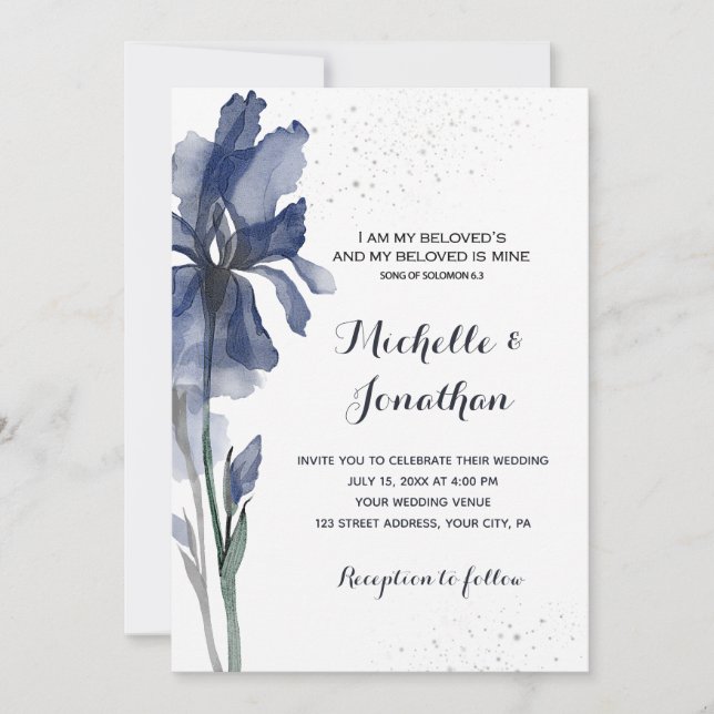 Dark Blue Iris Flower Modern Chhristian Wedding Invitation (Front)