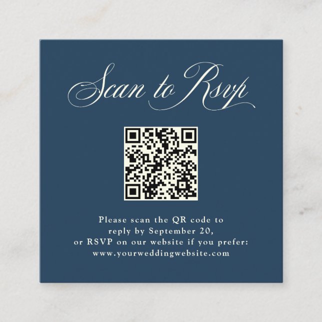 Dark Blue Italian Elegance | RSVP with QR Code Enclosure Card (Front)