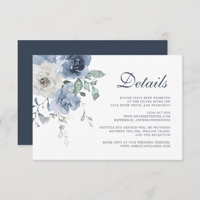 Dark Blue Ivory Floral Wedding Details Enclosure Card (Front/Back)