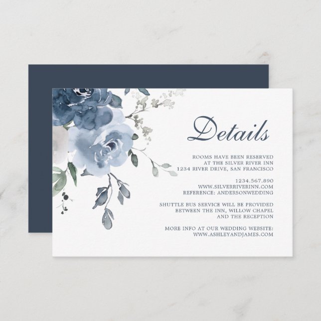 Dark Blue Ivory Floral Wedding Details Enclosure Card (Front/Back)