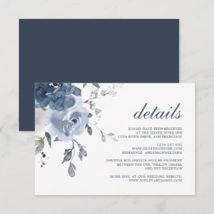 Dark Blue Ivory Floral Wedding Details Enclosure Card