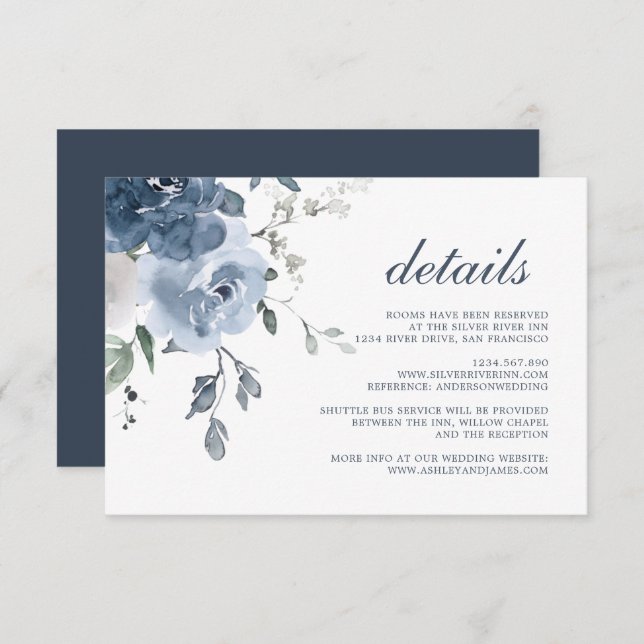 Dark Blue Ivory Floral Wedding Details Enclosure Card (Front/Back)
