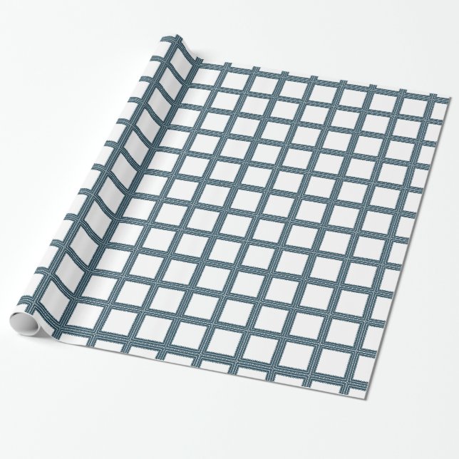 Dark Blue Lace Windowpane Squares on White Wrapping Paper (Unrolled)