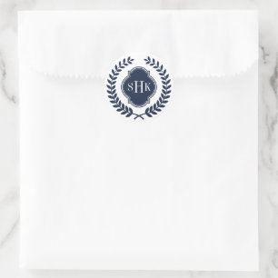 Dark Blue Laurel Crest Wreath Custom Monogram Classic Round Sticker
