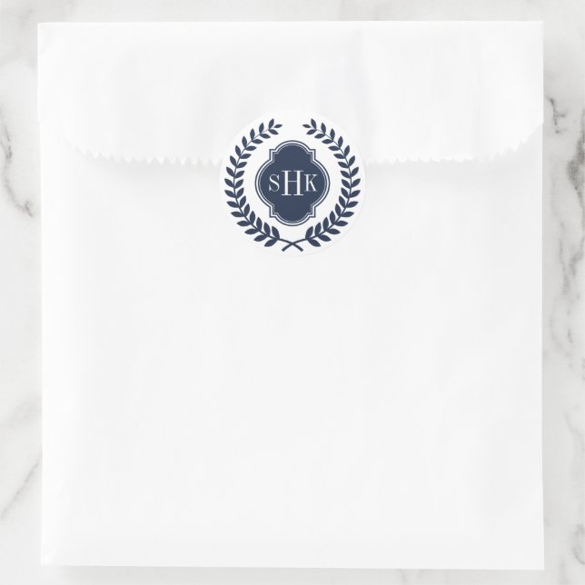 Dark Blue Laurel Crest Wreath Custom Monogram Classic Round Sticker (Bag)