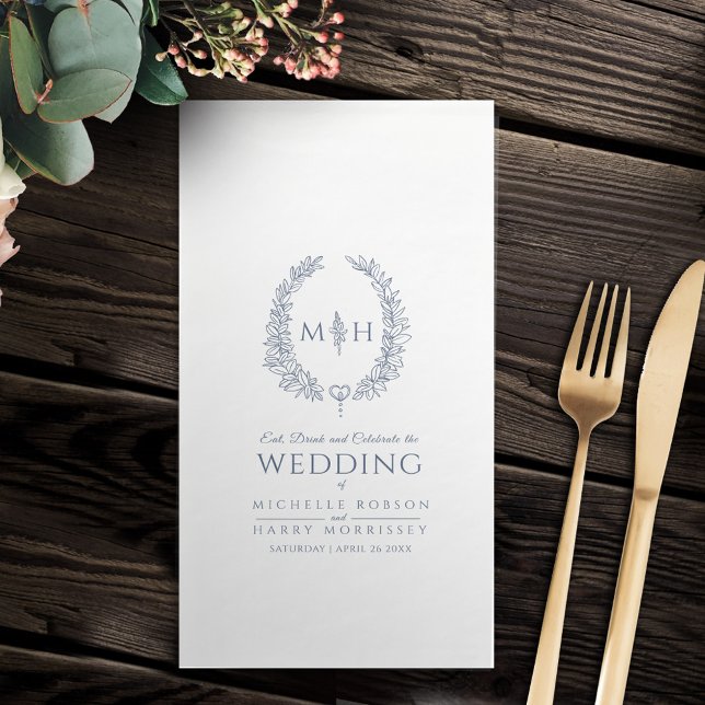 Dark blue leaf oval wreath monogram art wedding napkin (Creator Uploaded)