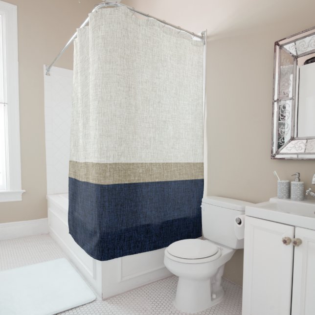 Dark Blue Light Khaki Tan Simple Stripe Shower Curtain (In Situ)