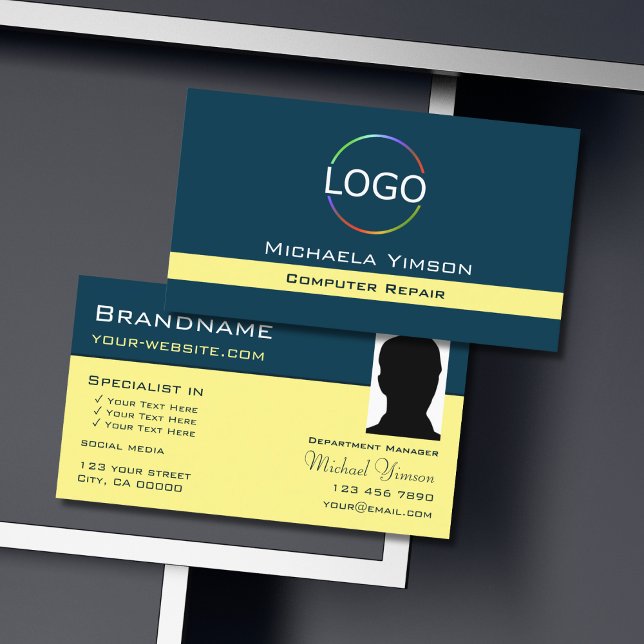 Dark Blue Light Yellow with Logo and Photo Chic Business Card (Creator Uploaded)