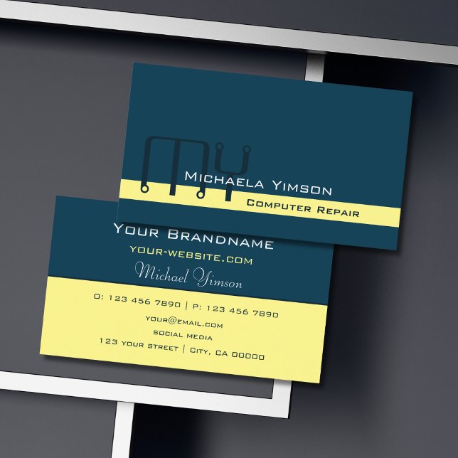 Dark Blue Light Yellow with Monogram Professional Business Card (Creator Uploaded)