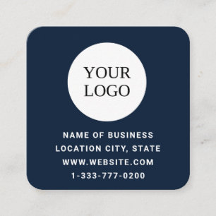Dark Blue Logo and QR Code Square Business Card
