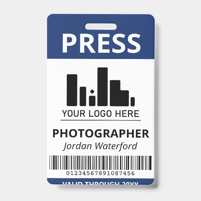Dark Blue Logo Bar Code Press ID Badge (Front)