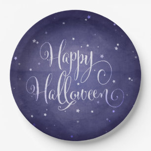 Dark Blue Magical Stars Happy Halloween Party Paper Plate