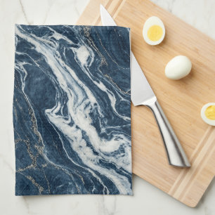 Dark Blue Marble Elegant Minimal Style Tea Towel